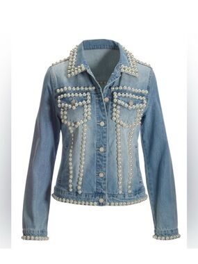 Boston Proper Light Blue Denim Jacket with Pearl Detail